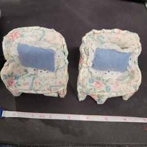 Mini Dollhouse Floral Cloth‎ Covered Pair of Chairs with Pillows